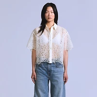 Lace Short-Sleeve Button Down Blouse