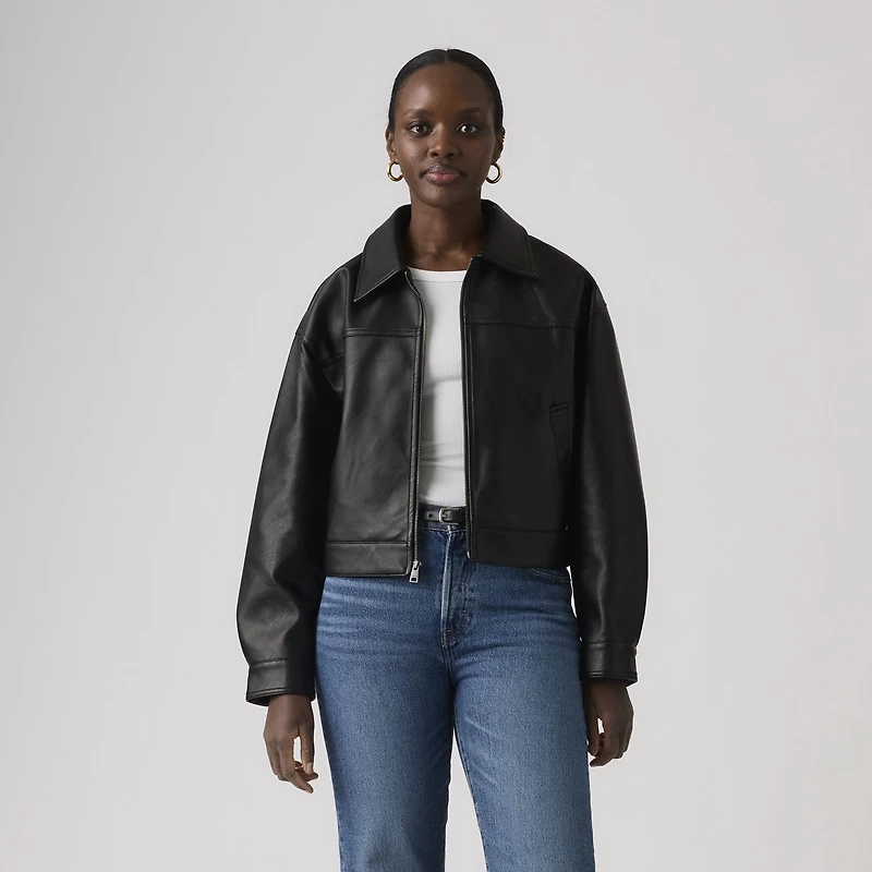 Faux Leather Boxy Zip Jacket