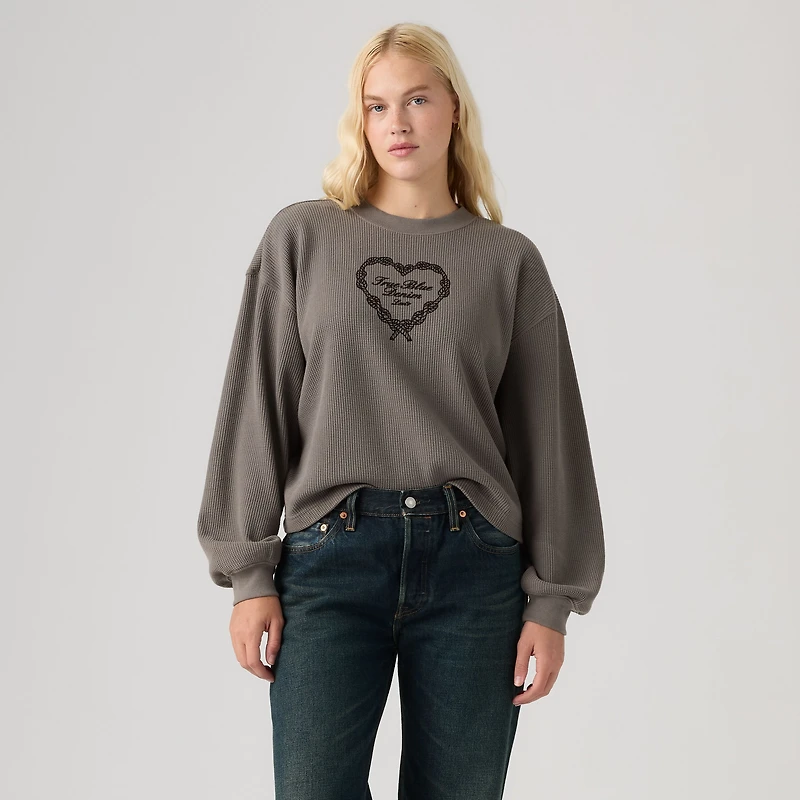 Graphic Relaxed Waffle Long-Sleeve Crewneck Top