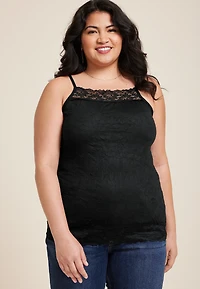 Plus Solid Lace Trim Crinkle Cami