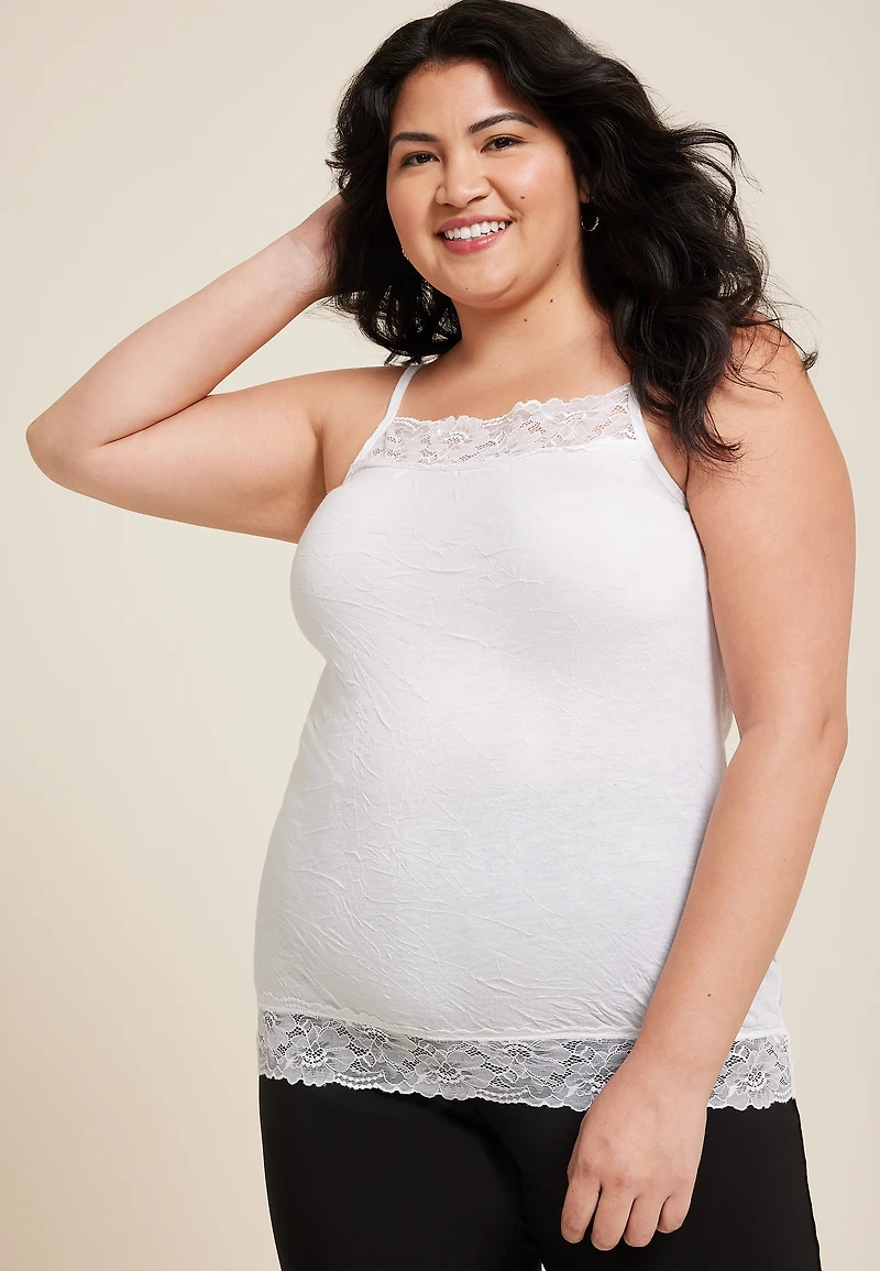 Plus Solid Lace Trim Crinkle Cami