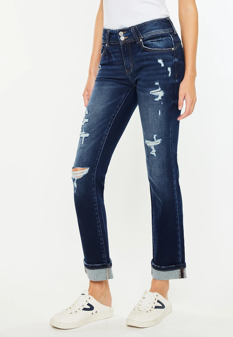 KanCan™ Mid Rise Open Ripped Cuff Hem Straight Ankle Jean