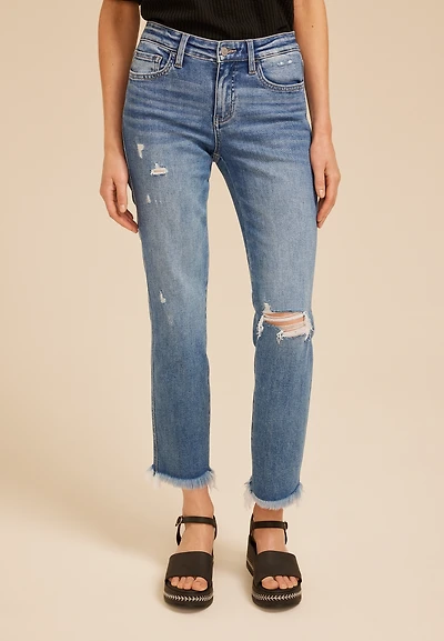 Flying Monkey™ Mid Rise Frayed Hem Slim Straight Ankle Jean