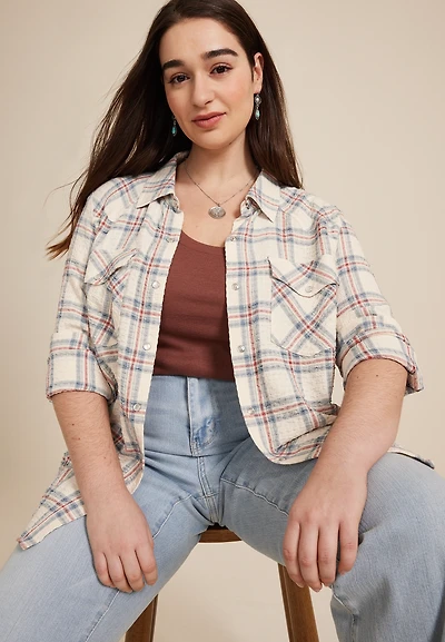 Plus Size Pucker Plaid Button Down Shirt
