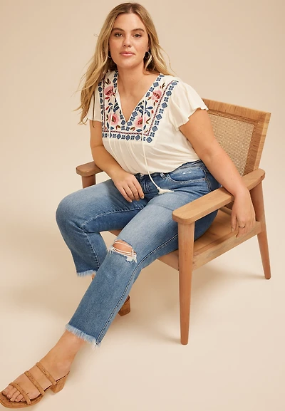 Plus Flying Monkey™ Mid Rise Frayed Hem Slim Straight Ankle Jean