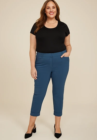 Plus Size Bengaline Mid Rise Cuffed Straight Cropped Dress Pant