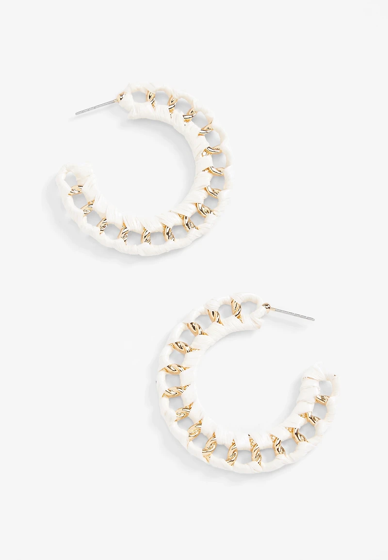White Raffia Wrapped Hoop Earrings