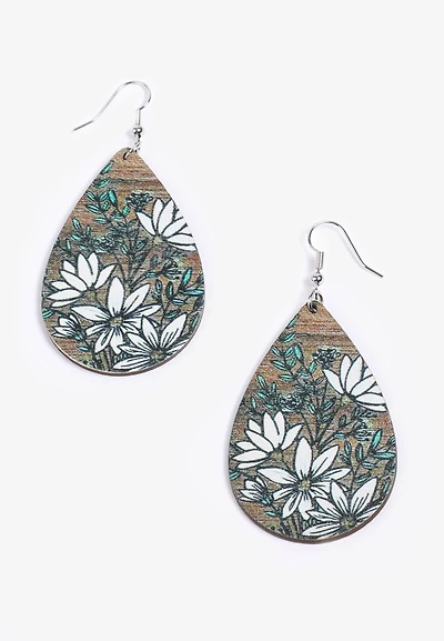 Floral Watercolor Wooden Teardrop Earrings