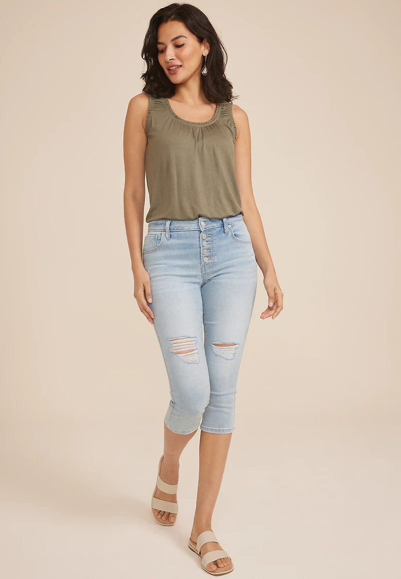 m jeans by maurices™ High Rise Ripped Button Fly Capri
