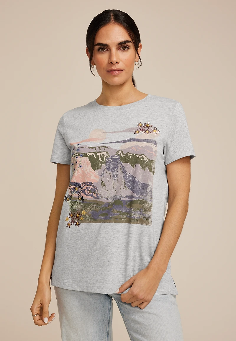 Mountain Floral Embroidered Classic Fit Graphic Tee