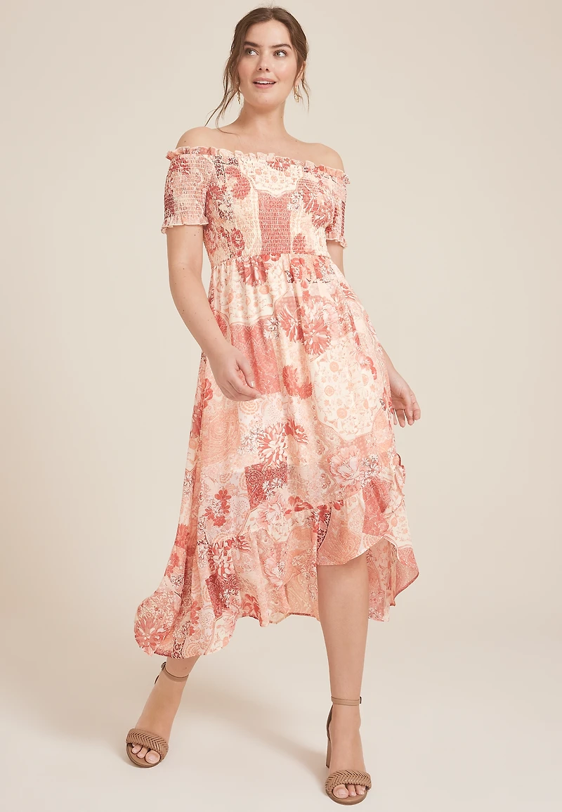 Off The Shoulder Smocked Midi Dress