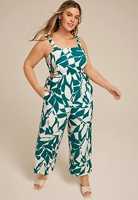 Plus Size Bare Printed Side Cut Out Cropped Jumpsuit