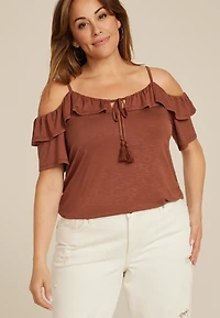 Plus Front Tie Cold Shoulder Top