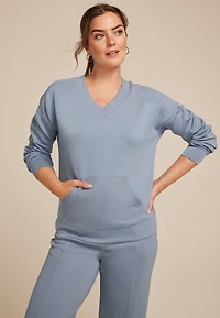 Ribbed Mixed Scuba Knit V Neck Sweatshirt