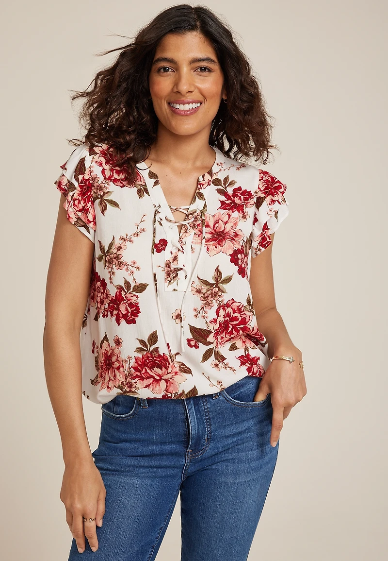 Floral Double Flutter Short Sleeve Blouse