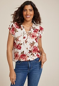 Floral Double Flutter Short Sleeve Blouse