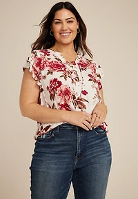 Plus Floral Double Flutter Short Sleeve Blouse