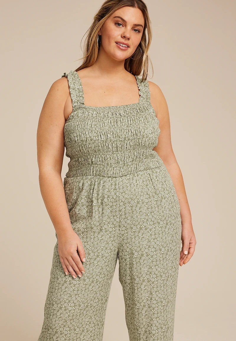 Plus Size Floral Smocked Jumpsuit