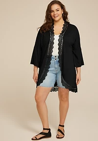 Plus Crochet Trim Curved Hem Kimono