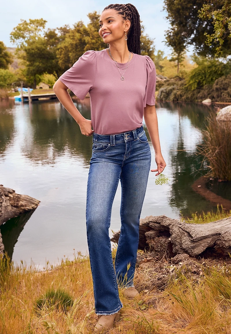 KanCan™ Mid Rise Double Button Frayed Hem Bootcut Jean