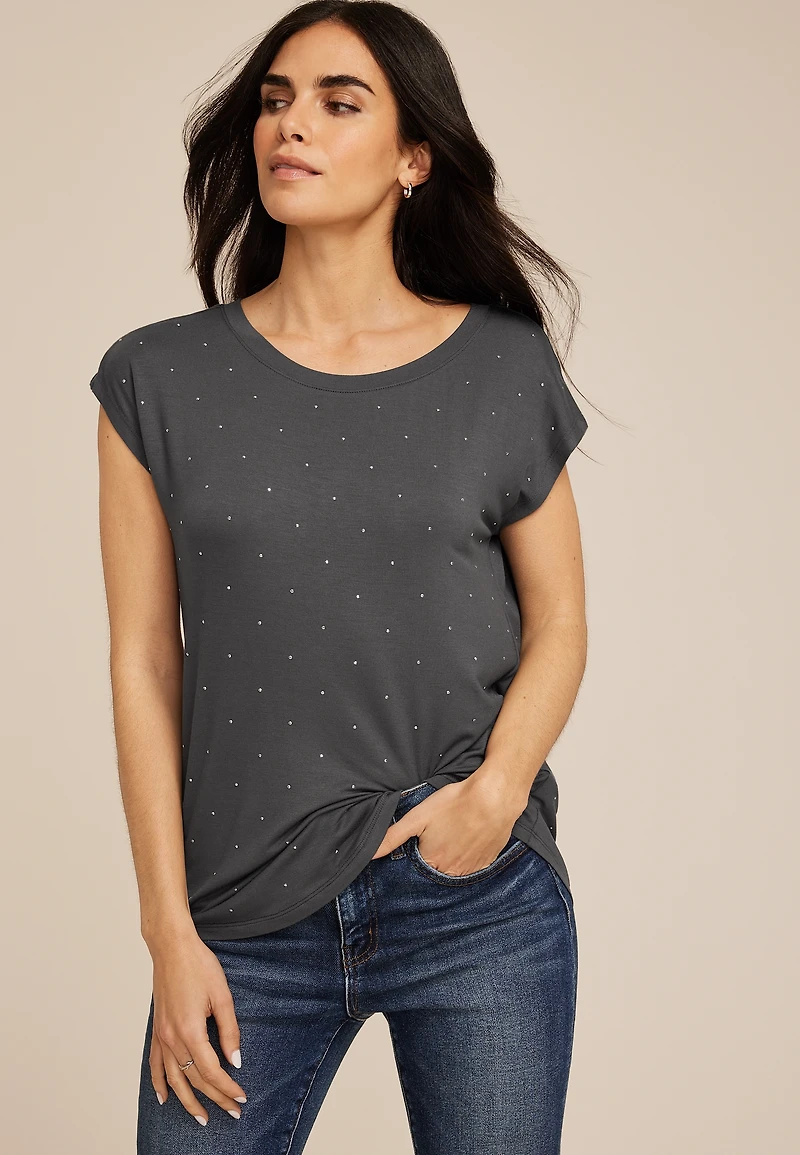Rhinestone Embellished Boat Neck Tee