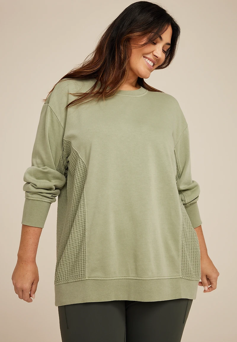 Plus Waffle Mix Crew Neck Tunic Sweatshirt