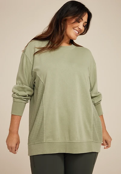 Plus Waffle Mix Crew Neck Tunic Sweatshirt