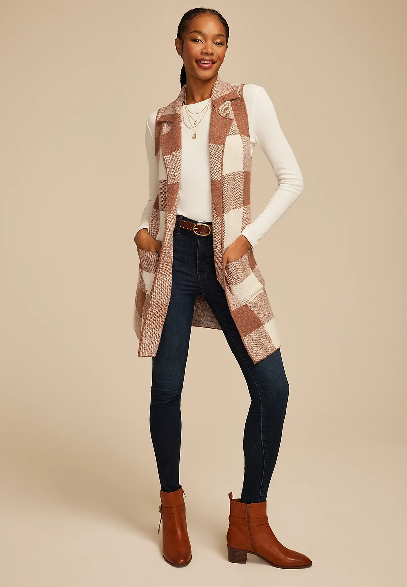 Checkered Collared Open Front Vest