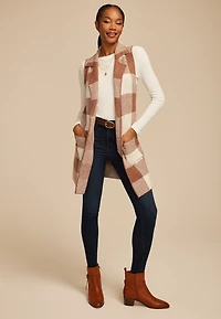Checkered Collared Open Front Vest