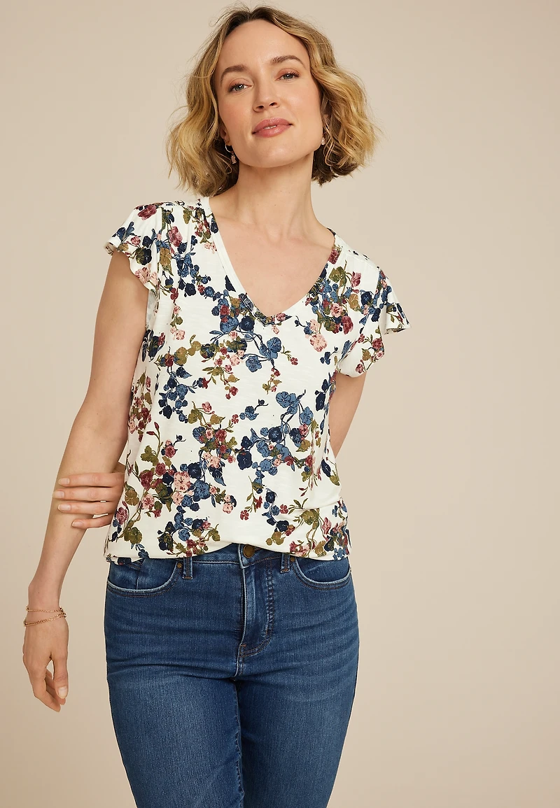 Floral Flutter Sleeve V Neck Tee