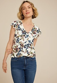 Floral Flutter Sleeve V Neck Tee