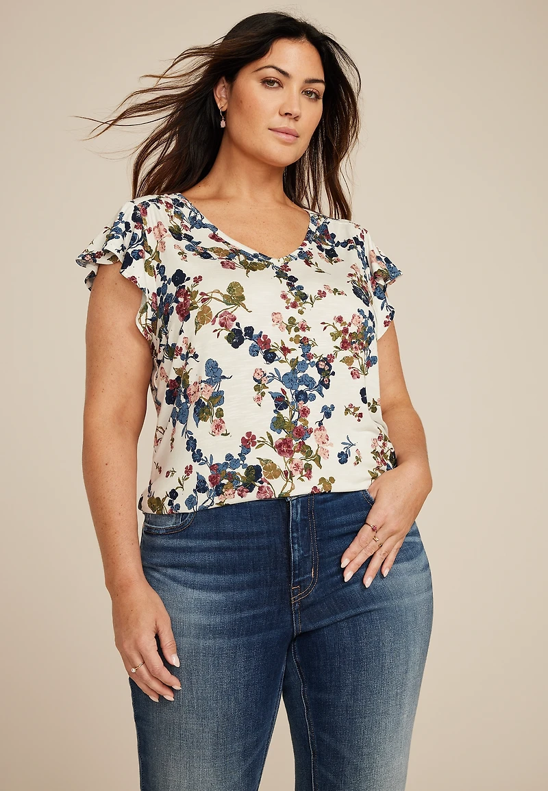 Plus Floral Flutter Sleeve V Neck Tee