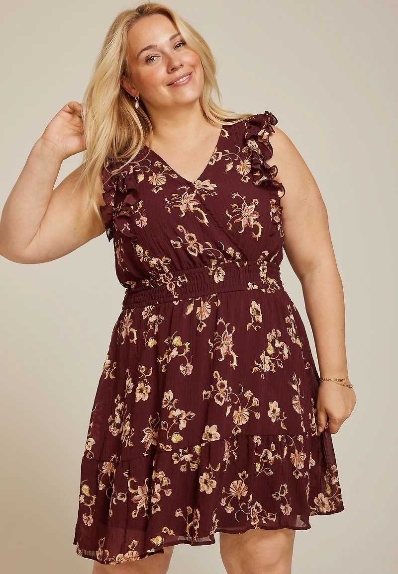Plus Bare Floral Ruffle V Neck Skater Dress