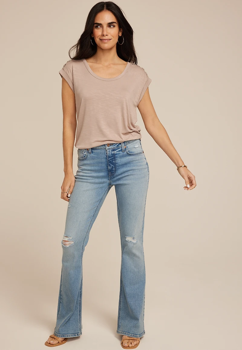 Grommet Shoulder Scoop Neck Tee