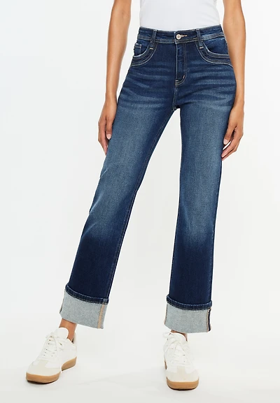 KanCan™ High Rise Seamed Pocket Cuffed Hem Straight Jean