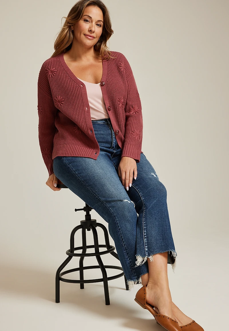 Plus Flower Embroidered Button Front Cardigan