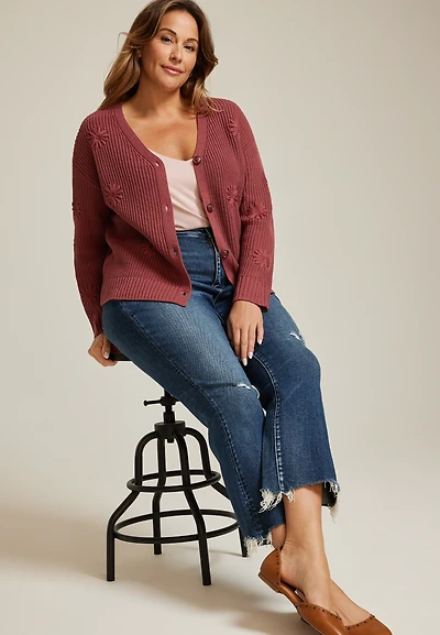 Plus Flower Embroidered Button Front Cardigan