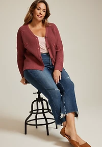 Plus Flower Embroidered Button Front Cardigan