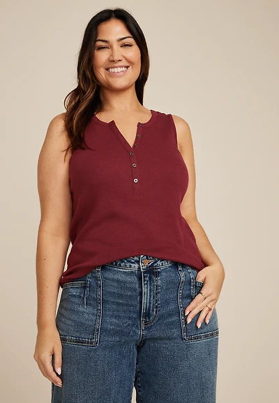 Plus Ribbed Henley Tank Top