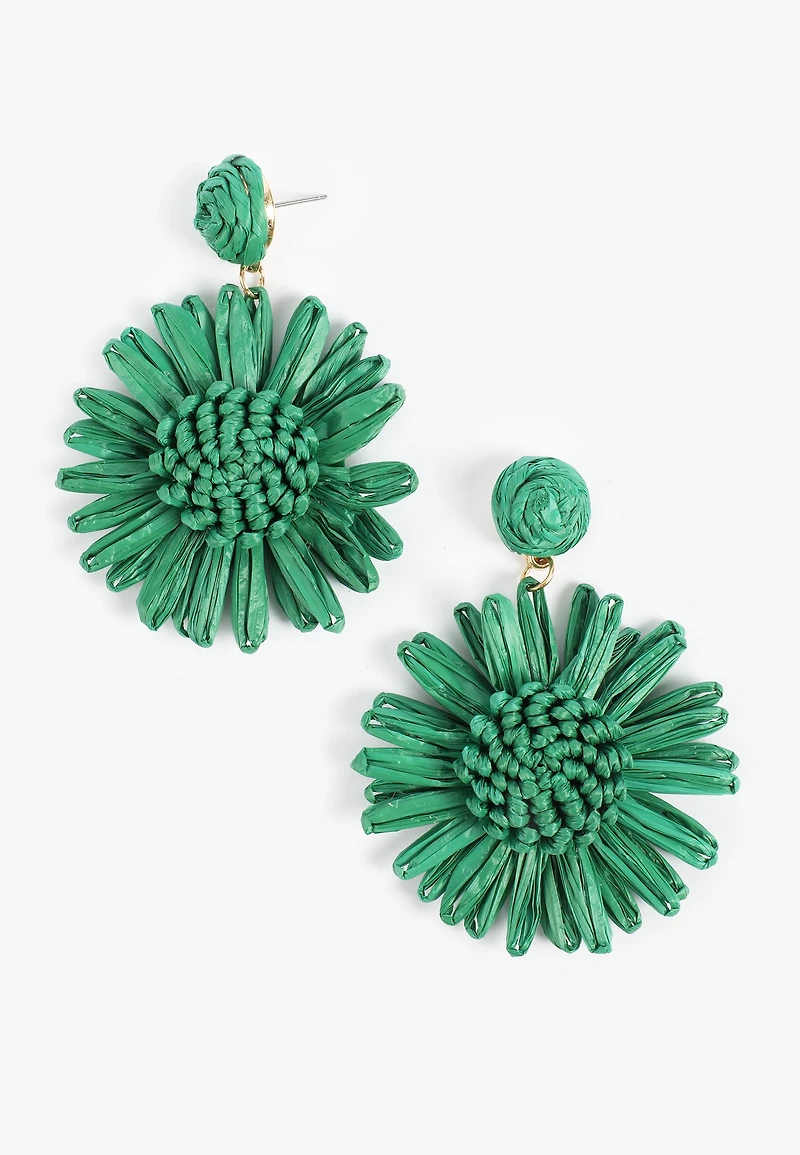 Teal Floral Raffia Drop Earrings