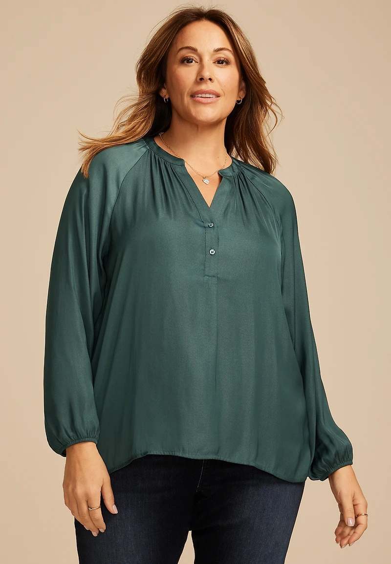 Plus Henley V Neck Blouse
