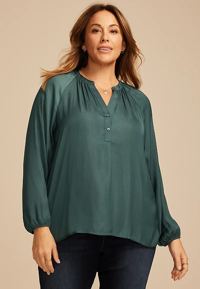 Plus Henley V Neck Blouse