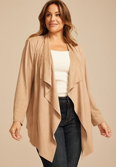 Plus Faux Suede Waterfall Cardigan