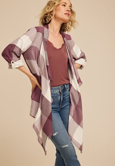 Plaid Open Front Waterfall Cardigan