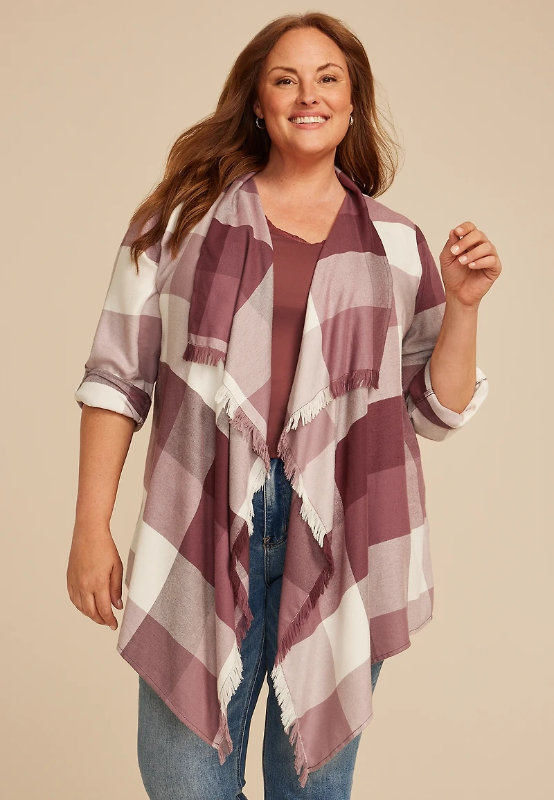 Plus Plaid Open Front Waterfall Cardigan