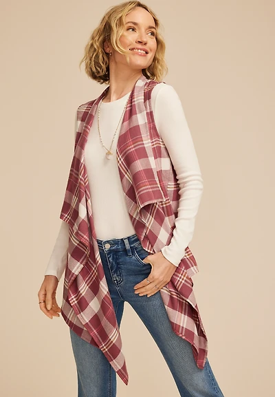 Plaid Open Front Waterfall Vest