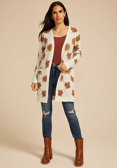 Fall Leaf Fair Isle Open Front Cardigan