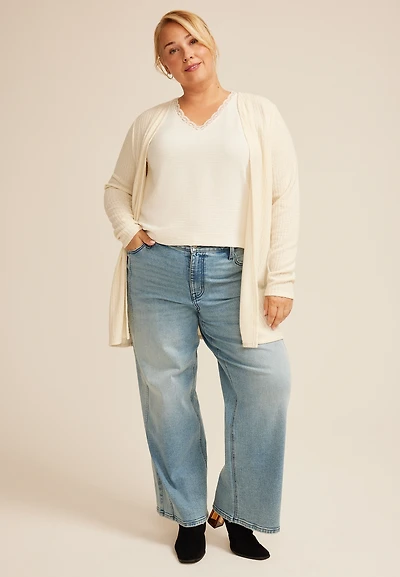 Plus Silver Metallic Textured Open Front Cardigan