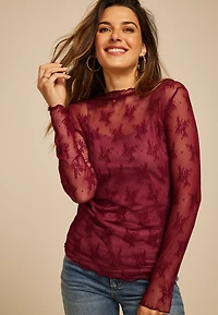 Embroidered Floral Sheer Lace Mock Neck Blouse