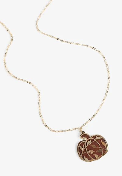 Gold Metal Overlay Pumpkin Pendant Necklace